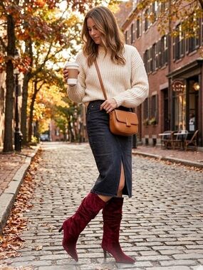 Time and Tru Faux Suede Slouch Boots with Kitten Heel Deep Burgundy Size 7 Wide
